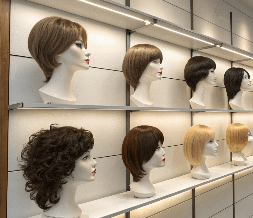 B2B showroom wall displaying three price tiers of synthetic wigs