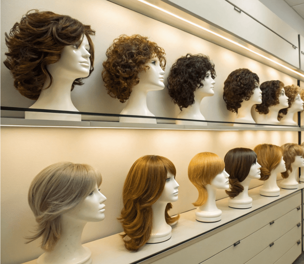showroom wall displaying three price tiers of synthetic wigs