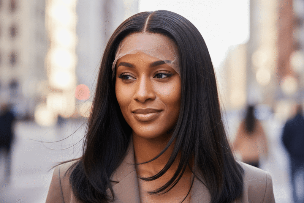 5x5 closure wig styled in a sleek middle part