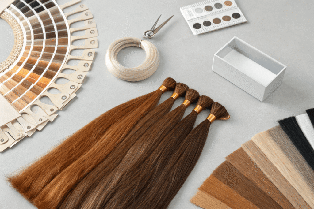 A clean, professional flat-lay of a lace color system for human hair wigs