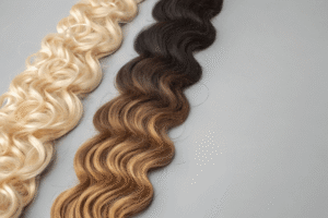 Kanekalon heat-friendly blend and PET-forward blends for wig manufacturing