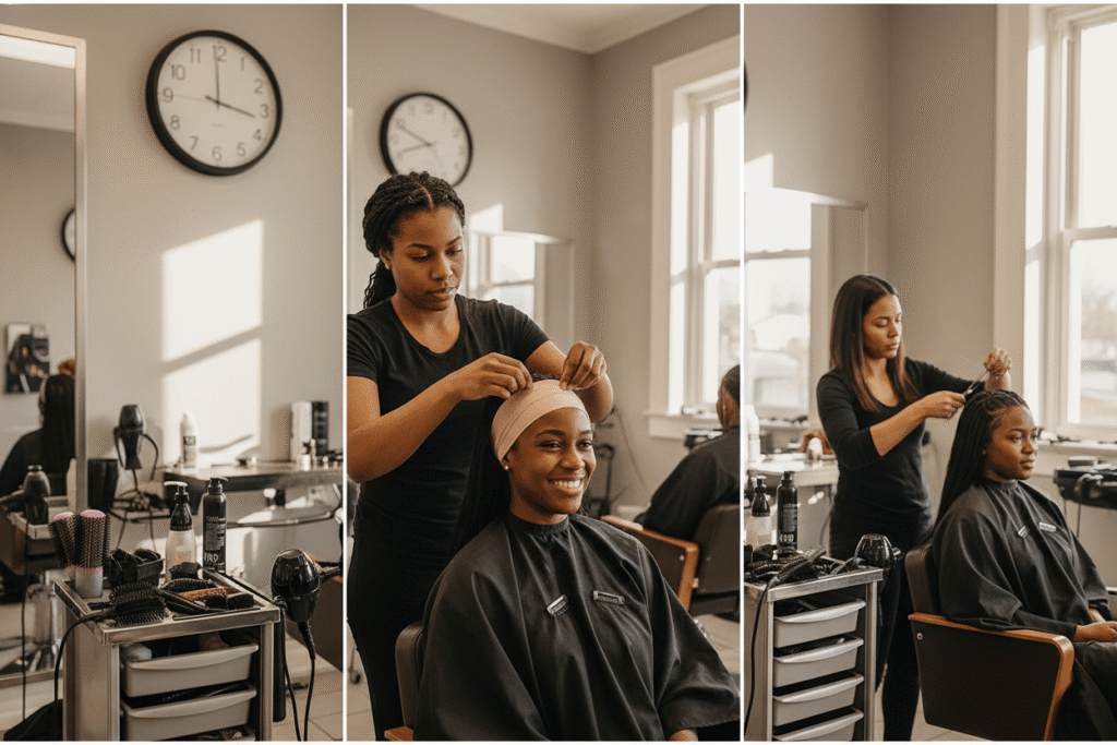 a busy salon floor where a stylist installs a headband human hair wig