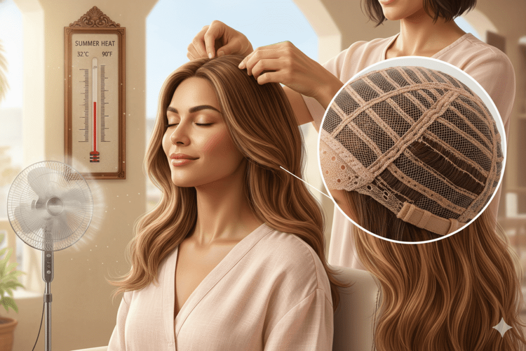 a hybrid-cap wig in a warm-climate salon