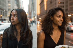 a woman wearing a Remy lace front wig after a gym session