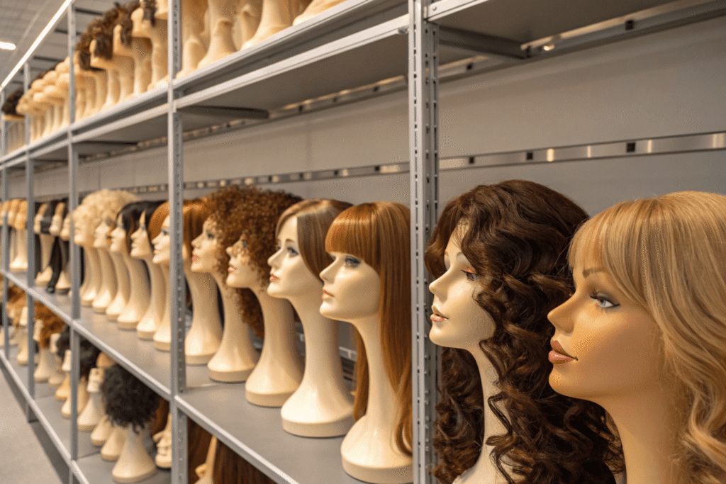 lace-front Remy wigs on clean retail shelving with different styles