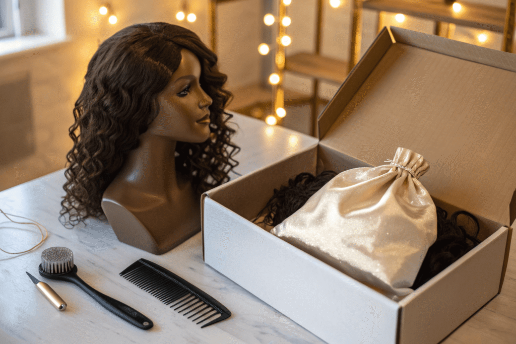 private label unboxing scene for wear-and-go wigs