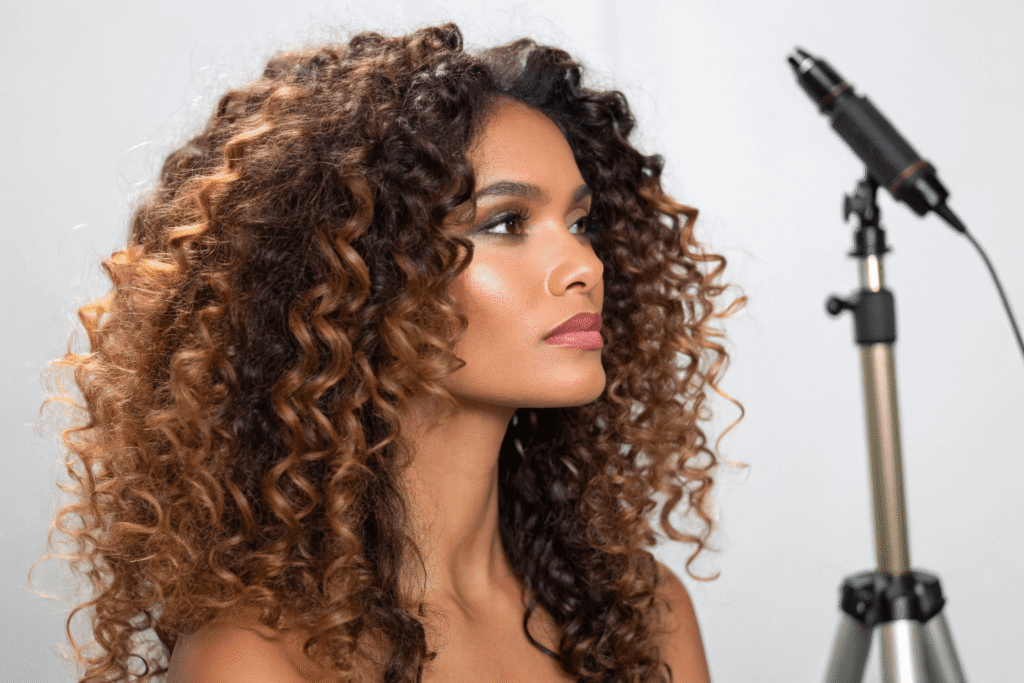 Brazilian human hair wig styled in big textured curls