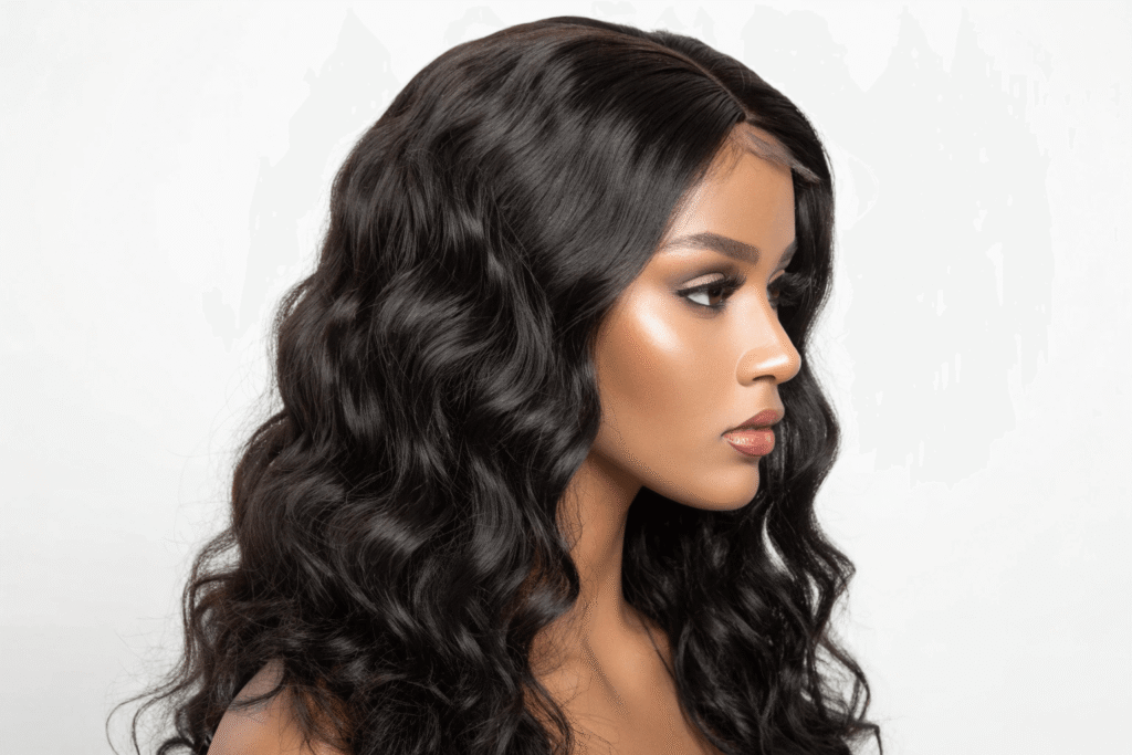 Malaysian human hair wig styled in straight loose wave
