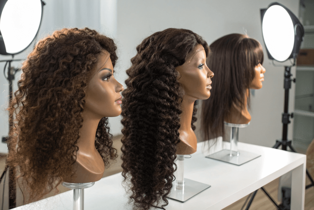 premium human hair wigs labeled Brazilian, Peruvian, and Malaysian