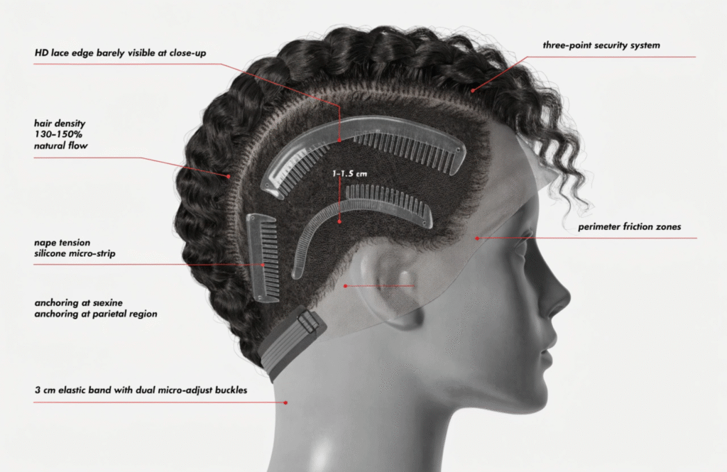 3D cutaway render of a glueless human hair wig