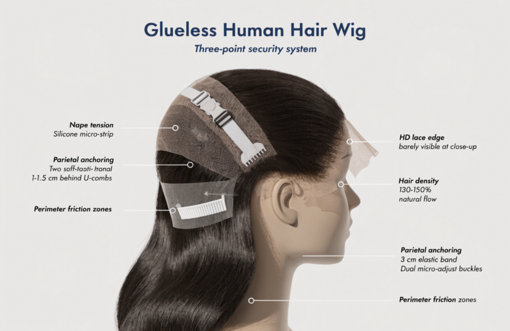 3D cutaway render of a mannequin head wearing a glueless human hair wig