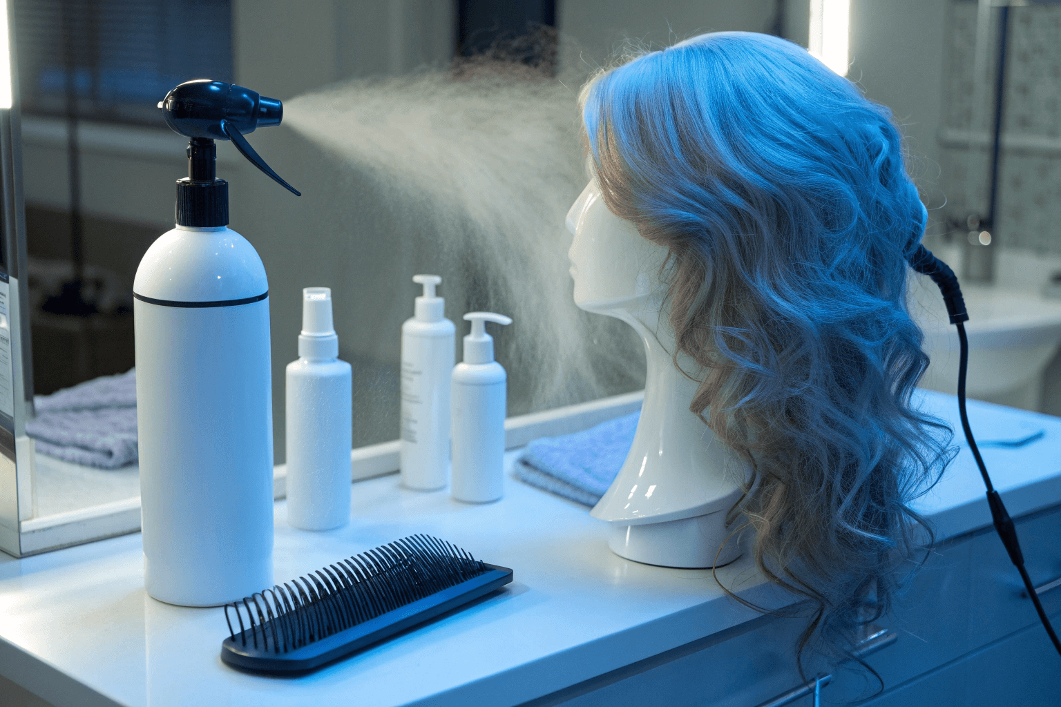 a human hair wig care station in a salon