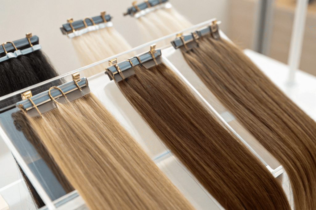 clip-in weft with matte-coated clips, tape-in hair extensions