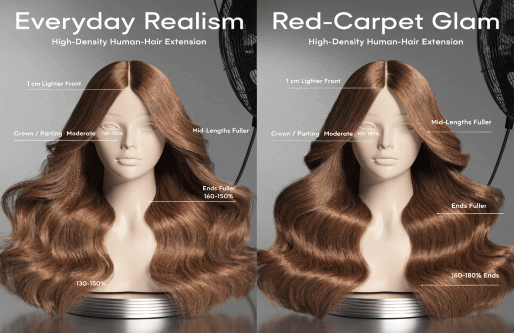 everyday realism (130–150%) and red-carpet glam (160–180% ends)