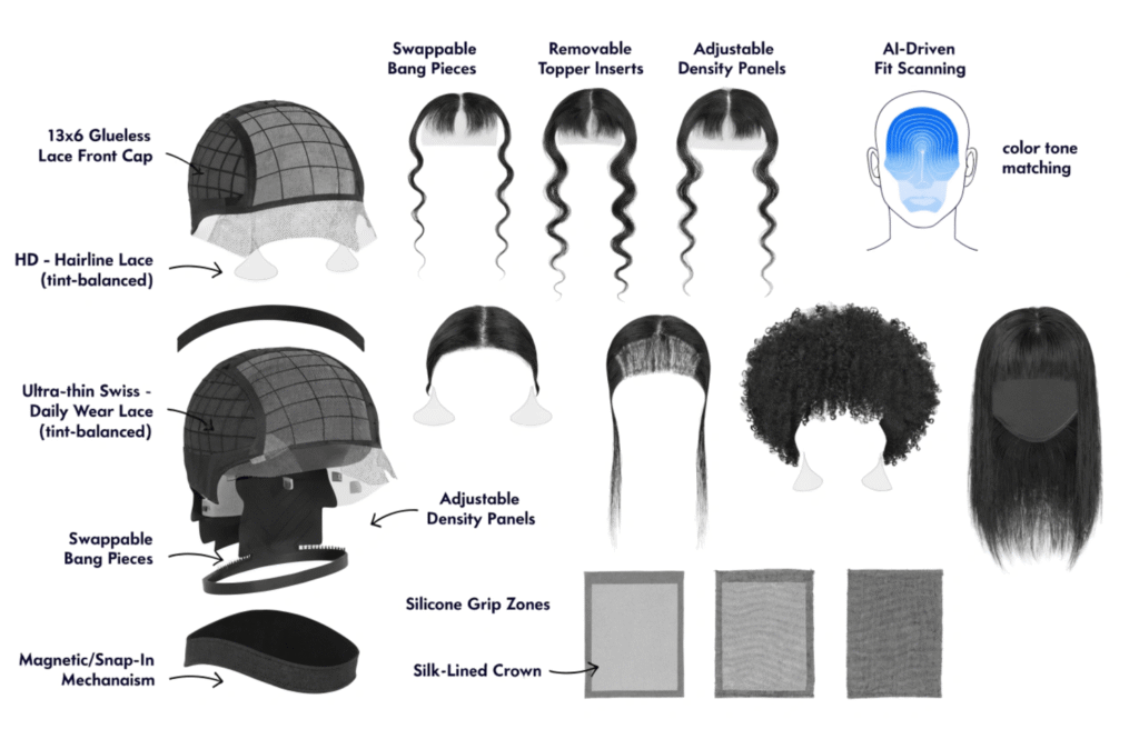 glueless 13x6 lace front cap with swappable bang pieces