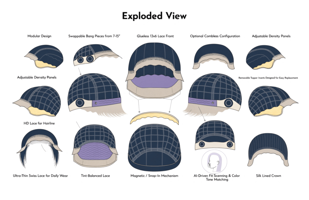 glueless 13x6 lace front cap with swappable bang pieces hair piece