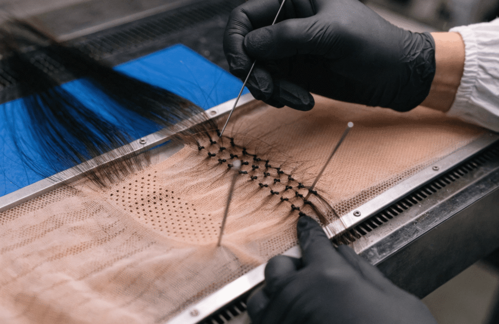 single-hair micro-knots on nude-tone HD lace